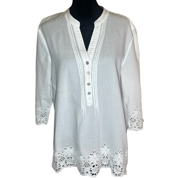 Chico’s White Eyelet Cotton Tunic Perforated Lace Trim on Bottom Size Large (12) - Picture 1 of 10